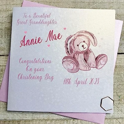 Image of WHITE COTTON CARDS GREAT GRANDDAUGHTER PERSONALISED CHRISTENING CARD, PINK BUNNY DESIGN, HAND FINISHED (X) P23 43 GGD