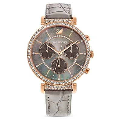 Image of Swarovski Passage Chrono Watch, Leather Strap, Grey, Rose Gold Tone Finish