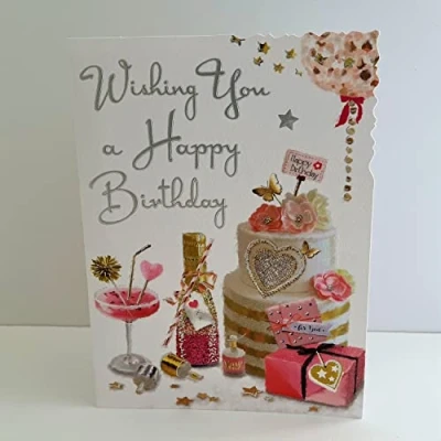 Image of Jonny Javelin Female Happy Birthday Card Striped Cake Presents Champagne