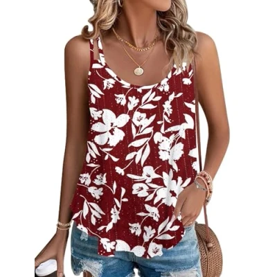 Image of WNEEDU Women&#039;s Summer Tank Tops Ladies Sleeveless Vests Tanks Top Loost Fit Casual Shirts Vest Blouses Cami Camisole Red White Flower M