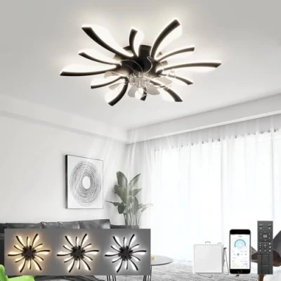 Image of LJX Ceiling Fans with Lights and Remote Control Silent DC Modern Lamps Timer Dimmable Reversible for Bedroom Lounge Kitchen Chandelier Fan Led, Black