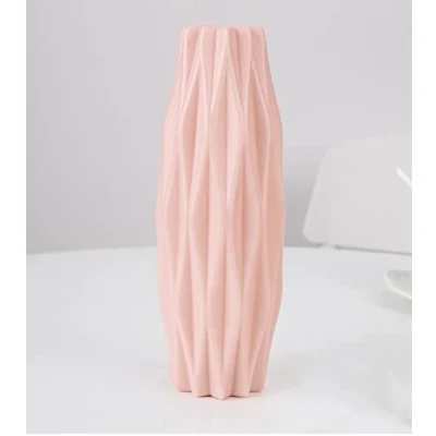 Image of Creative Unbreakable Flower Vase, Geometric Ceramic Look Plastic Vase for Room Decor (Baby Pink, Slender)