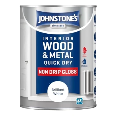 Image of Johnstone&#039;s Quick Dry Gloss Finish Brilliant White Water Based Interior Wood &amp; Metal Radiator Paint Low Odour in 1 2 Hours 13m2 Coverage per Litre 1.25 L