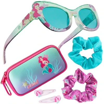 Image of Disney Girls UV Protection Sunglasses, Case and Hair Accessories Set Gifts (Pink/Blue Ariel)