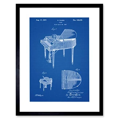 Image of Wee Blue Coo Piano Blueprint Artwork Framed Wall Art Print 12X16 Inch
