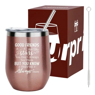 Image of Best Friend Birthday Gifts for Women Good Friends are Like Stars Tumbler Friendship Her, Friends,Sister 12oz Stainless Steel with Lid Straw and Gift Box Rose Gold