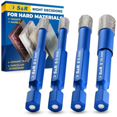 Image of S&amp;R Diamond Drill Bit Set of 4 pcs. 5, 6, 8, 10 mm for Ceramics, Granite, Glass, Porcelain, Marble, Hard Tiles, in Handy Box, Hexagonal Shank