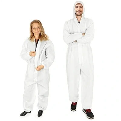 Image of com four® 2x protective suit with hood and zipper single layer painter&#039;s overall one size height from 160 to 200 cm clothing (2 pieces white)