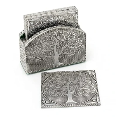 Image of Tree Of Life Set 6 Coasters In Holder Family With Cup Mug Table Mats Square Embossed Aluminium Drinks Coaster