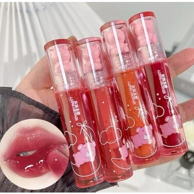 Image of Pakivs 4Pcs Bear Lip Glaze Jelly Lipgloss,Liquid Lipstick Cute Lipgloss Moisturizing Stain Plumping Water Gloss,Waterproof Juicy Lasting Tint Gloss Set,Vivid Color,Glossy Finish
