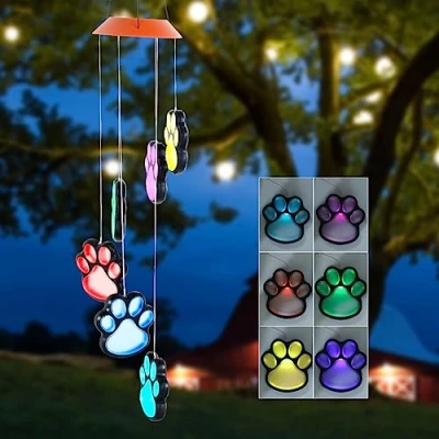 Image of LED Solar Wind Chime Lights Outdoor Garden Color Changing Decorative Cute Pet Claw Hanging Light IP65 Waterproof Lamp for Lovers(Dog Paw)