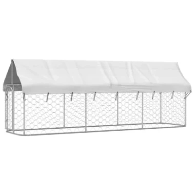 Image of vidaXL Outdoor Dog Kennel with Lockable Latch Ample Exercise Space Weather Resistant Canopy Durable Galvanised Steel Silver, 400x100x150cm