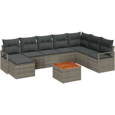 Image of vidaXL 9 Piece Garden Sofa Set with Cushions Grey Poly Rattan Acacia