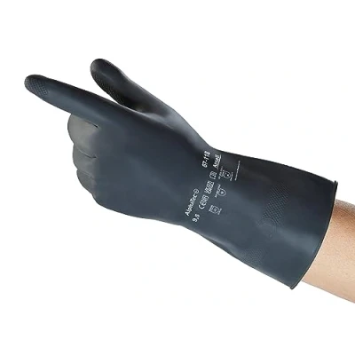 Image of Ansell AlphaTec 87 118 Chemical Resistant Gloves in Latex, Heavy Duty Protection against Splash, Acids and Solvents, Reusable Rubber Latex Gloves, Cotton Flocked, Black, Size M (12 Pairs)