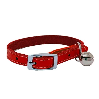 Image of Cat Collar Real Leather with Safety Elastic, Bell, Available (Red)