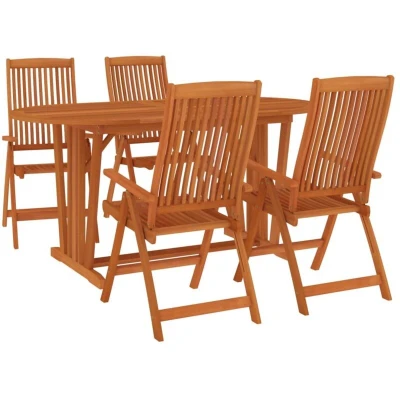 Image of vidaXL 5 Piece Solid Wood Eucalyptus Outdoor Dining Set Table with Umbrella Hole and 4 Reclining Chairs in Farmhouse Style for Patio, Garden, Deck