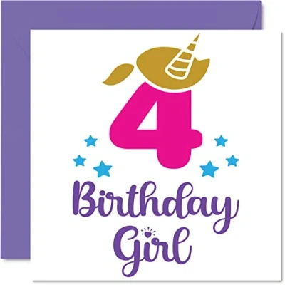 Image of 4th Birthday Card Girl Unicorn Happy 4 Year Old Girl, Girls Cards for Her, 145mm x Greeting Daughter Niece Granddaughter Kid Children
