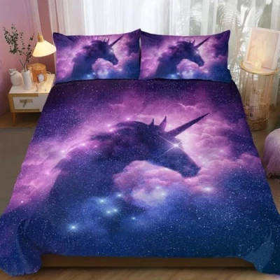Image of BlessLiving Galaxy Unicorn Bedding Kids Girls Psychedelic Space Duvet Cover 3 Piece Pink Purple Sparkly Bedspread(Single)