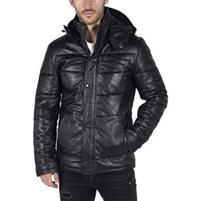Image of TruClothing Mens Puffer Hood Quilted Jacket Real Leather Black Casual Retro 80s Classic XXL