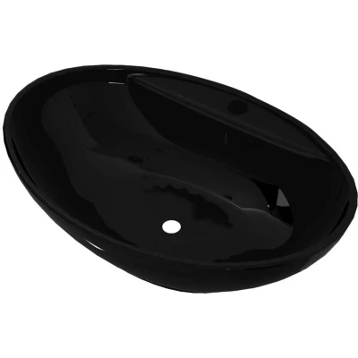 Image of vidaXL Ceramic Bathroom Sink Basin Faucet/Overflow Hole Black Oval