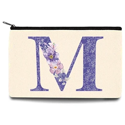 Image of 26 Letter Printed Zip Canvas Pouch Makeup Bag Make Up Bag, Cosmetic Travel Bag,Toiletry Bag,Organizer Bags,Toiletry Bags, Bride Bridesmaid Bag,Pencil Bag,Wash Bag,Coin Purse (Purple Flower M)