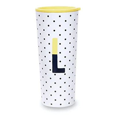 Image of Kate Spade New York Insulated Stainless Steel Initial Tumbler, 24 Ounce Double Wall Travel Cup with Lid, L (Yellow)