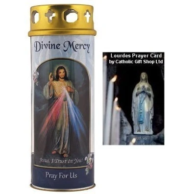 Image of Catholic Gift Shop Divine Mercy Candle with the Chapelet Prayer of and Lourdes Card set