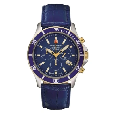 Image of Swiss Alpine Military Men&#039;s Watch Chronograph Analogue Quartz 7022.9 Leather, Blue/Bi Gold/Blue 9545sam, Strap.