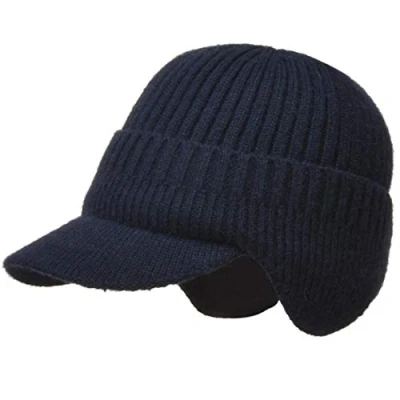Image of Yixda Men&#039;s Winter Hat with Peak Visor Beanie Cap Ear Protection Warm Knitted Blue One size