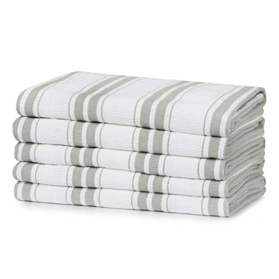 Image of 100% Cotton Tea Towel Grey Basketweave Stripe Pattern, Pack of 5 Kitchen Set Absorbent, Strong, Quick Dry &amp; Machine Washable for Home Decor Bathroom Accessories