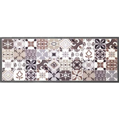 Image of oKu Tex Doormat Dirt Trapper Mat, Kitchen Runner Mosaic Pattern Tiles Checked Washable Door Mat for Indoor Use Non Slip Grey/Beige 45 x 120 cm