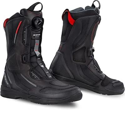 Image of SHIMA STRATO Motorcycle Boots for Men Vented, Reinforced Lightweight Long Biker Riding with ATOP Fast Closure System, Ankle Protection, Non slip Sole, Reflective Panels (Black, 8)