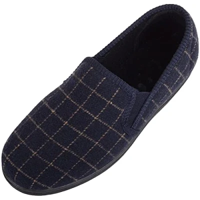 Image of ABSOLUTE FOOTWEAR Mens Slip On Checked Winter Slippers with Twin Gusset Navy UK 10 / EU 44