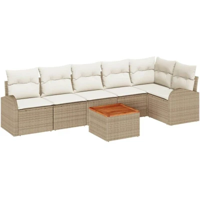 Image of vidaXL 7 Piece Garden Sofa Set with Cushions Beige Poly Rattan Acacia