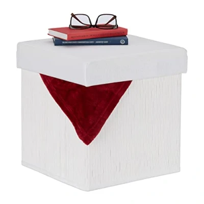 Image of Relaxdays Stool with Storage, Padded, Folding, Bamboo &amp; Fabric, HxWxD: 35 x cm, Sofa Footstool, White