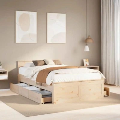 Image of vidaXL Double Bed Frame Pine Wood 135x190 cm Storage Drawers Slatted Base