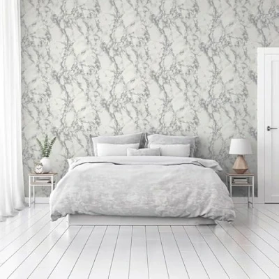 Image of Wallpaper EMPIRE Carrara Marble White with Silver/Grey Highlights Abstract Design Perfect for Bedrooms/Living Spaces and Feature Walls