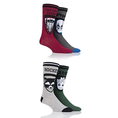 Image of 4 Pair Assorted Marvel Guardians of the Galaxy Groot, Rocket, Star Lord and Drax Cotton Socks Men&#039;s 11 13 Mens Film &amp; TV Characters