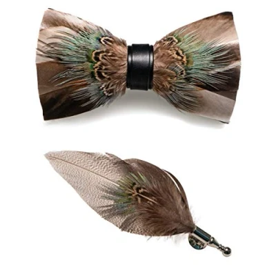 Image of Jemygins Men’s Handmade, Leather, Feather Bow Tie with Gift Box Set for Wedding Celebration, Brown, M