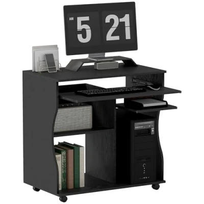 Image of HOMCOM Computer Desk with Sliding Keyboard Tray, Mobile Home Office Desk, Study Table Storage Shelves, PC on Wheels, Black
