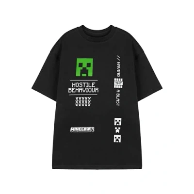 Image of Minecraft Creeper Mens Black Graphic Tee Hostile Behaviour Video Game Shirt Classic Theme Top Short Sleeve Crew Neck Pull On Casual Wear Having a Blast Apparel
