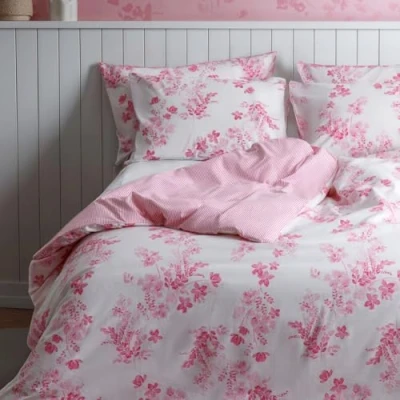 Image of LERUUM Pink Duvet Cover Double Cotton Bedding Bed Set Reversible White Floral Stripes Pattern Quilt Christmas (Pink Double)