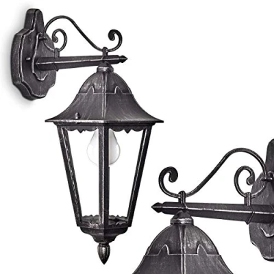 Image of Outdoor Wall lamp Lignac, downwards in Antique Look, cast Aluminium Black/Silver with Clear Glass panes, Light w. E27 Socket, for Terrace and Courtyard, Without Bulb
