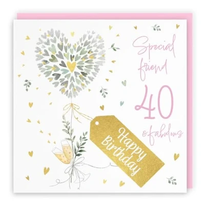 Image of Hunts England 40th Friend Contemporary Hearts Female Fabulous Birthday Card Luxury Gold Foil Milo&#039;s Gallery Age 40 Champagne, Pretty For Pink Envelope