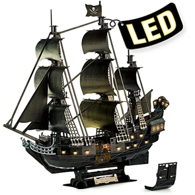 Image of CubicFun LED 3D Puzzles UPGRADE Queen Anne&#039;s Revenge Pirate Ship Model Kits for Adults to Build, Impossible Black Pearl Jigsaw 293 Pieces