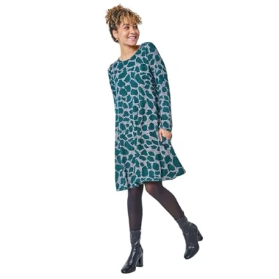 Image of Roman Originals Tunic Dress with Pockets for Women UK Ladies Swing Fit &amp; Flare Skater Slouch Stretchy Casual Smart Winter Jersey Pull On Relaxed Work Office 3/4 Long Sleeves Petite Teal Size 10