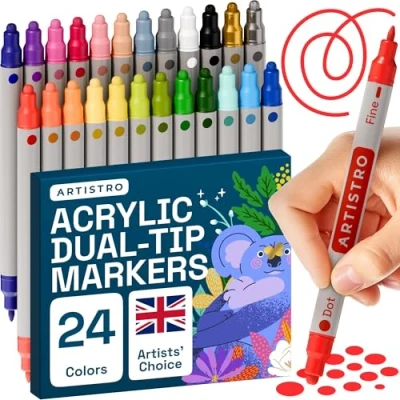 Image of ARTISTRO 24 Colors Acrylic Paint Pens, Art set Markers Dual Tip (Fine 1mm + Dot 5mm), for Fabric, Canvas, Rock, Glass, Wood, Paper, DIY, Kids and Adults