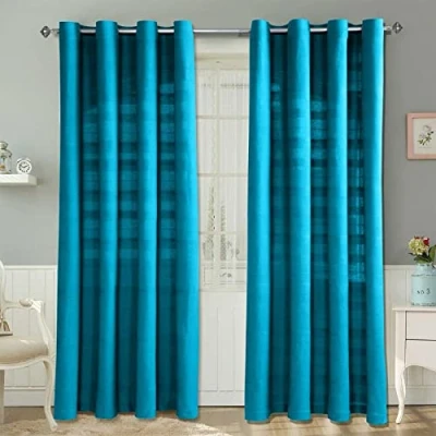 Image of HOMESCAPES Teal Rajput Eyelet Curtain Pair 167cm (66&quot;) Wide x 137cm (54&quot;) Drop 100% Cotton Ring Top Plain Curtains