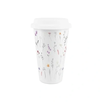 Image of Line Flowers Ceramic Travel Mug Delicate Floral Meadow Reusable Silicone Lid Double Walled Insulated Hot/Cold Drinks Tea Coffee Gift