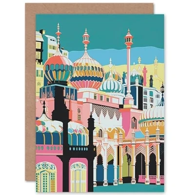Image of Artery8 Brighton Royal Pavilion Multicoloured Linocut Travel Birthday Sealed Greeting Card Plus Envelope Blank inside